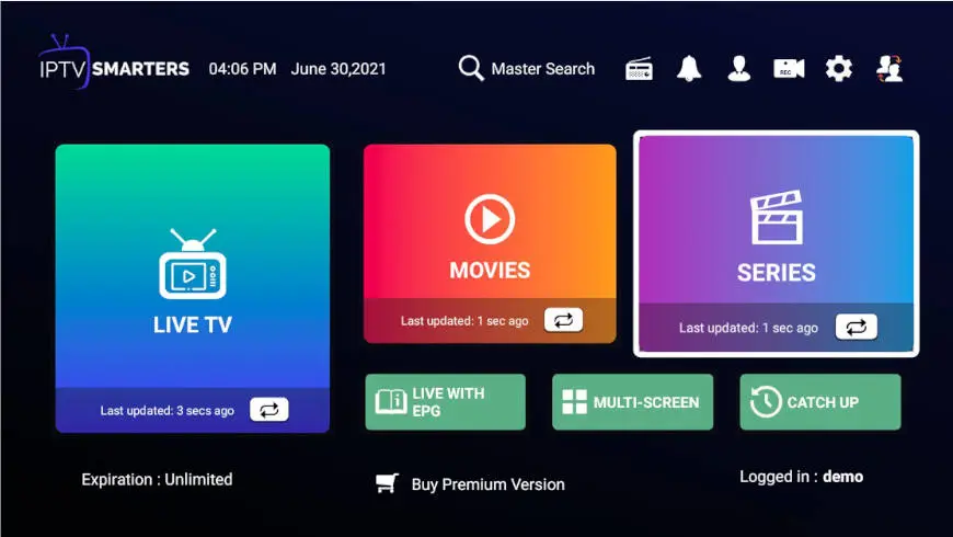 Interface principal do IPTV Smarters Pro