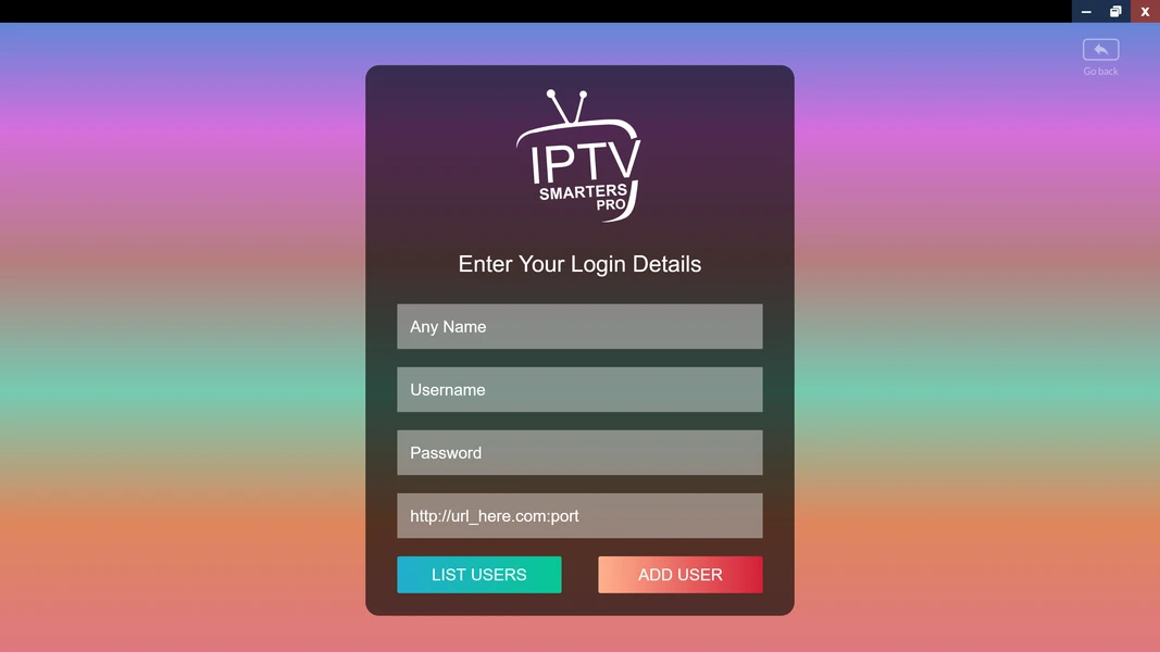 Tela de login do IPTV Smarters Pro