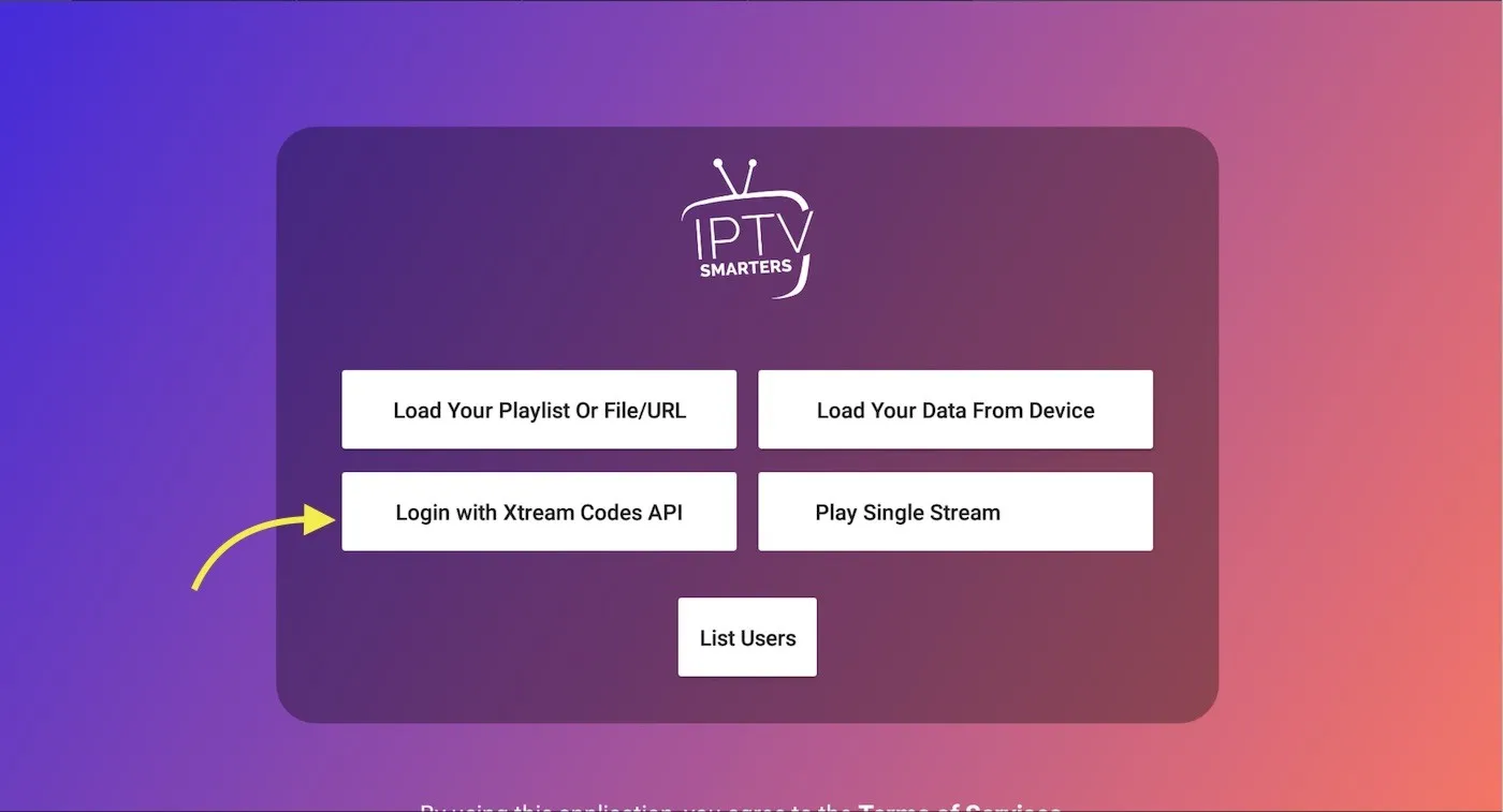 Tela do IPTV Smarters Pro com opção de login compatível